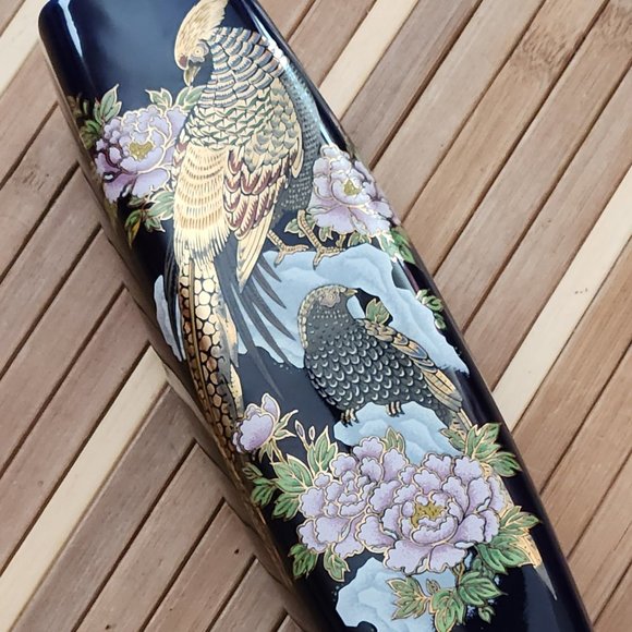 DARK BLUE & GOLD JAPANESE VASE-PEACOCKS & PINK FLOWERS-9 1/2" TALL - Picture 13 of 16